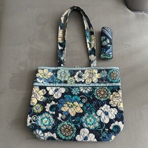Vera Bradley Blue and Cream Floral Tote and Eyeglass Case